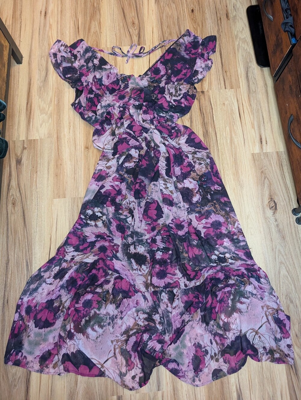 Dark Romantic Floral Maxi-Chiffon, Dress | Open Back Lace-Up | Wedding Guest